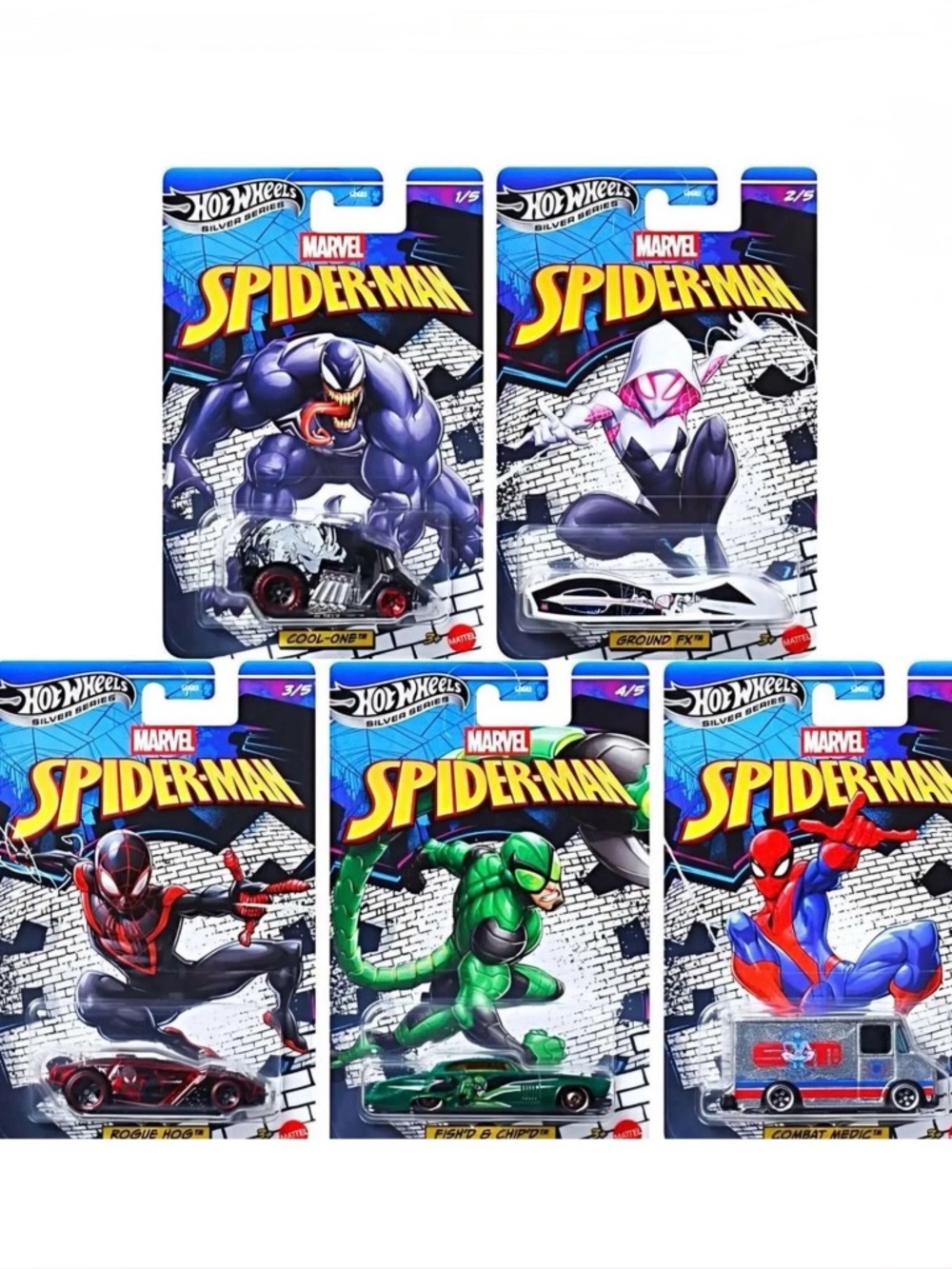 Hot Wheels Spider-Man Set: Combat Medic, Fish'D & Chip'D, Cool-On, Rogue Hog